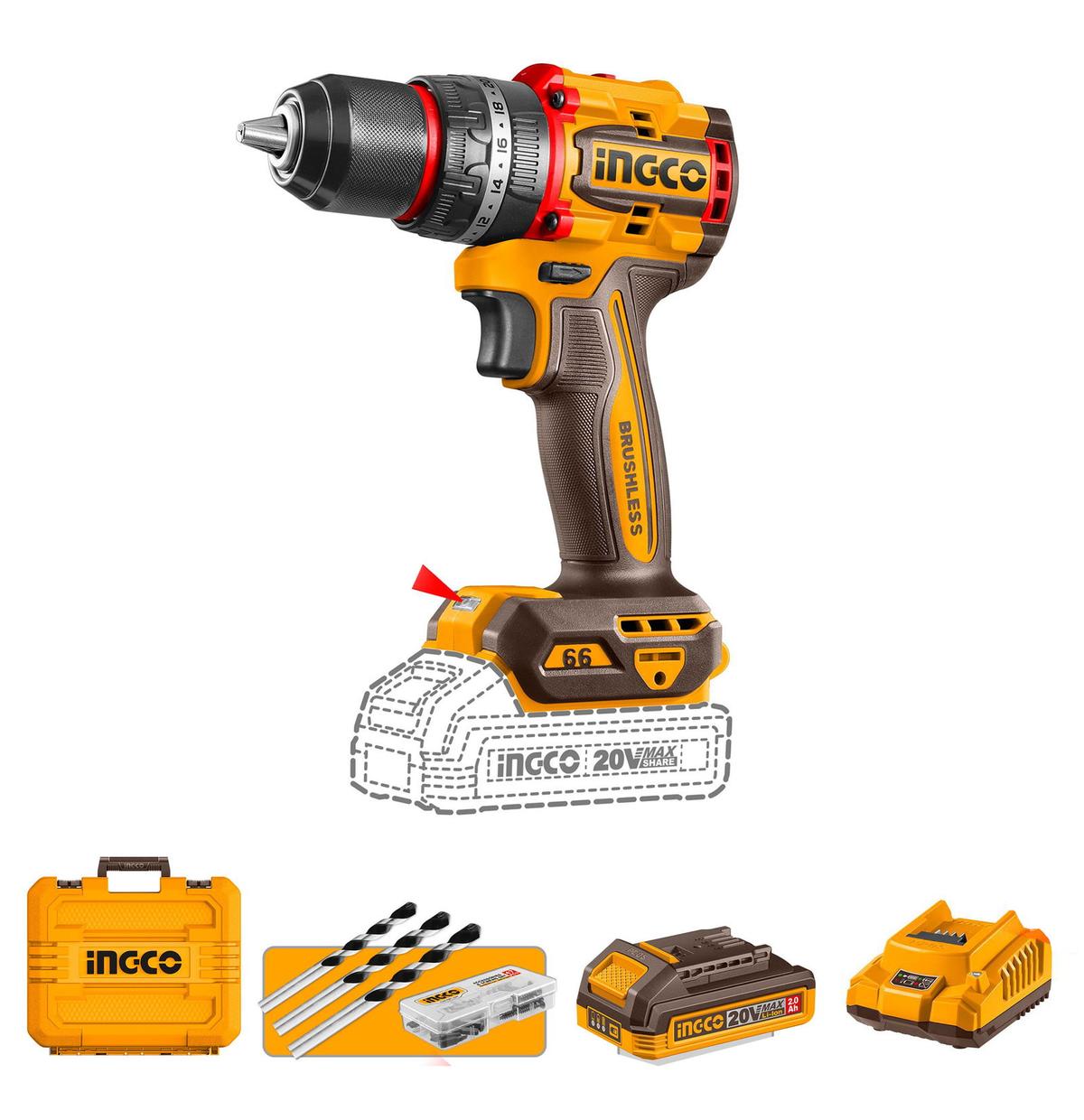 INGCO COMPACT BRUSHLESS CORDLESS  IMPACT DRILL 20V WITH BATTERY & CHARGER