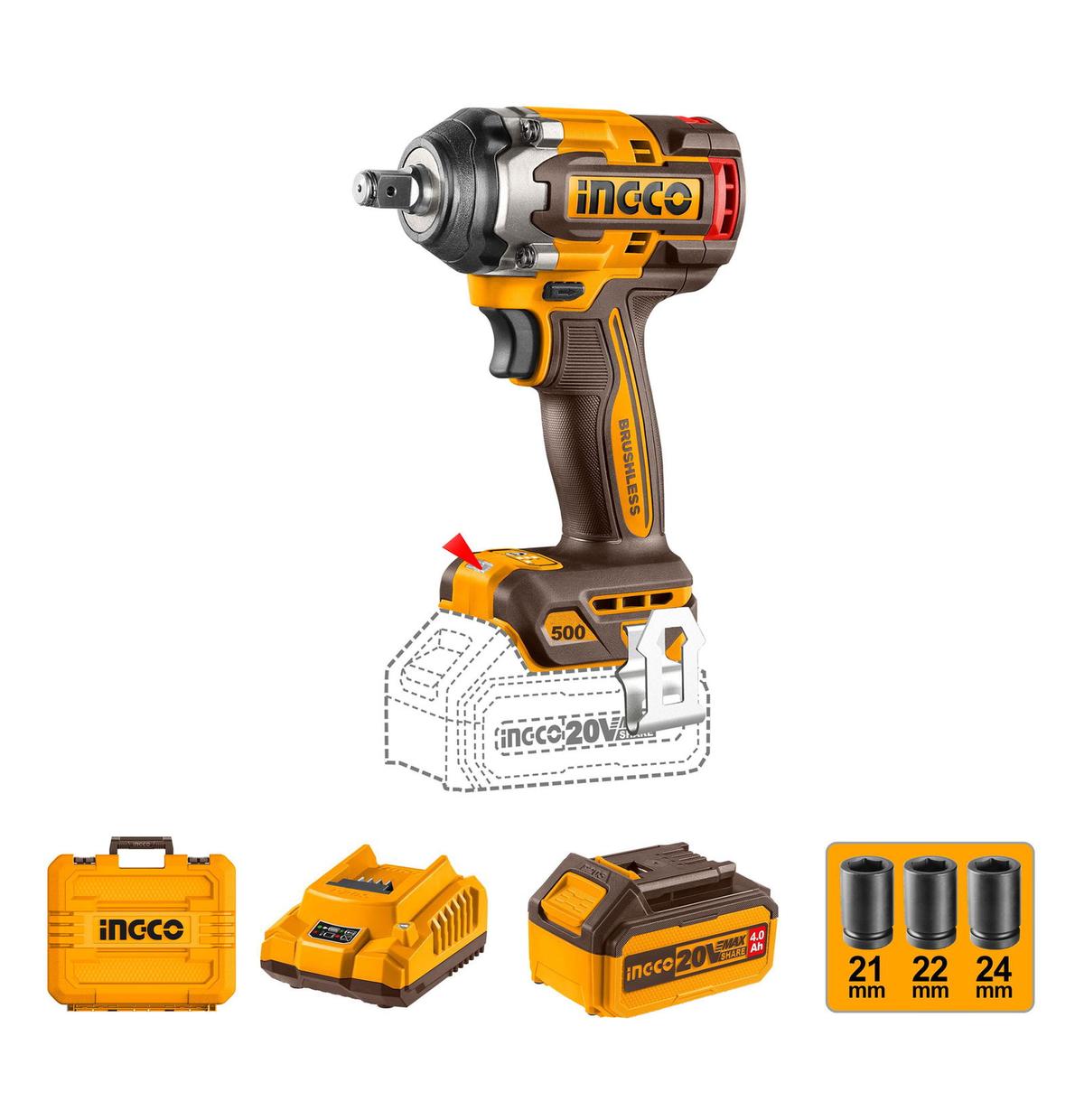 INGCO CORDLESS IMPACT WRENCH 20V WITH BATTERY & CHARGER